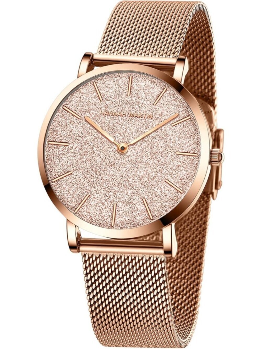 Women's Rose Gold Analog Stainless Steel Mesh Strap Minimalist Slim Dial Watch